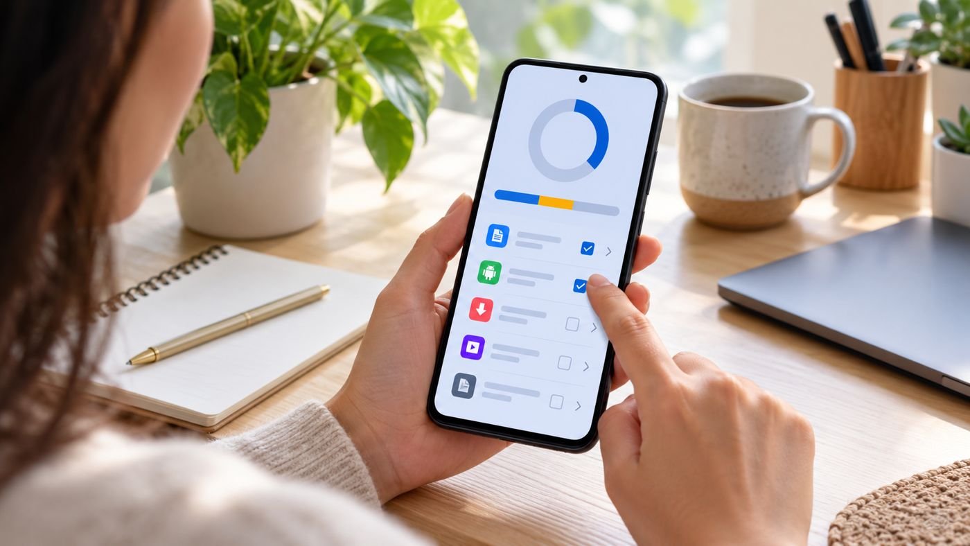 Smartphone mostrando uma tela abstrata de armazenamento enquanto a pessoa revisa arquivos.