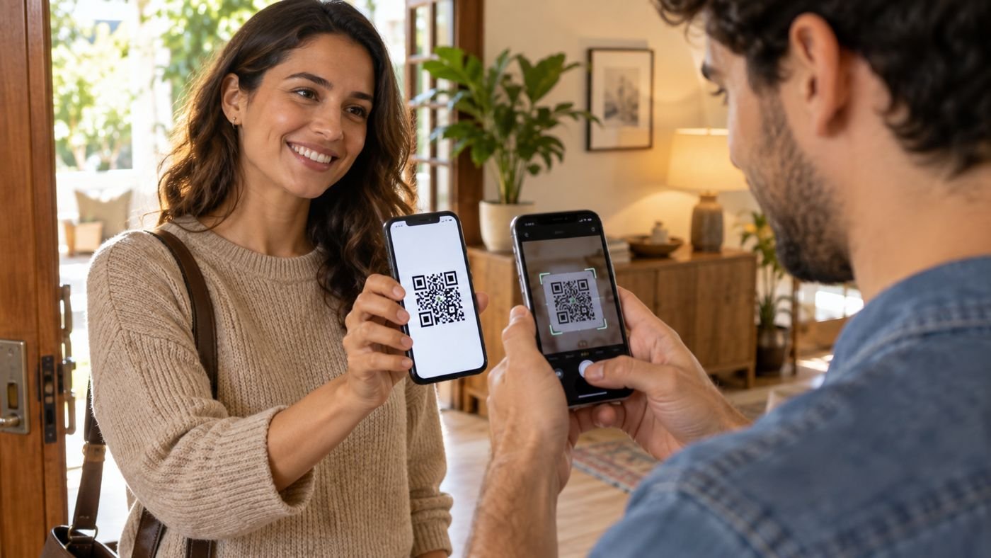 Dois celulares, um exibindo um QR Code de Wi-Fi e o outro escaneando o código.