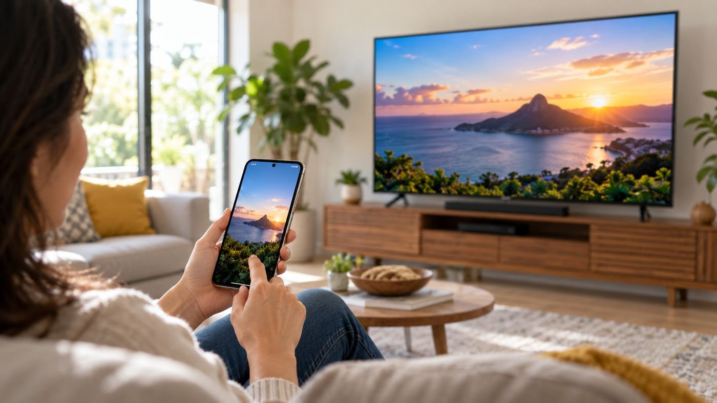 Pessoa usando um smartphone Android para transmitir conteúdo para uma televisão.