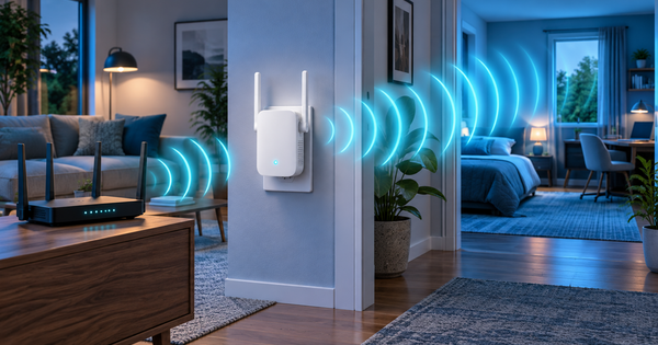 Extensor de sinal Wi-Fi ampliando a cobertura entre dois cômodos