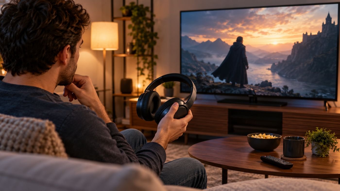 Fones Bluetooth diante de uma televisão enquanto alguém ajusta a sincronização de áudio.