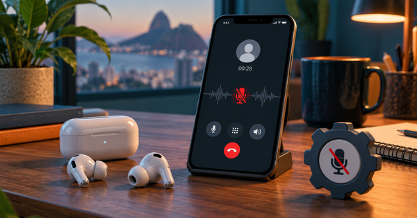 Fones sem fio conectados a um celular durante chamada com alerta no microfone