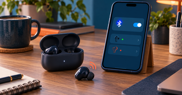 Fones sem fio e celular com indicação de conexão Bluetooth