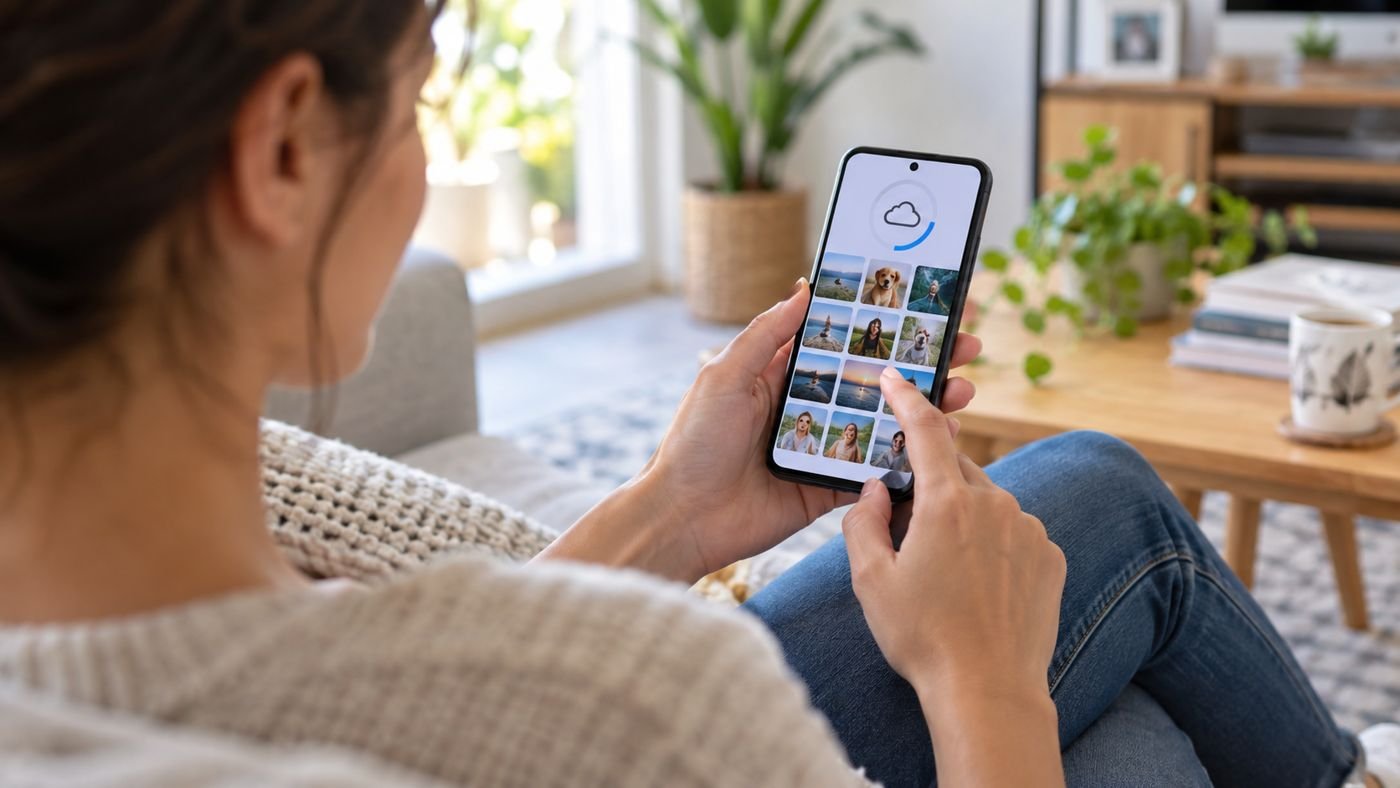 Pessoa conferindo uma galeria de fotos e o backup na nuvem em um smartphone.