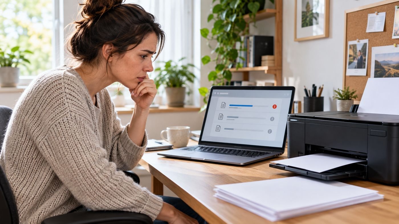 Impressora e notebook em um escritório doméstico com um trabalho de impressão parado.