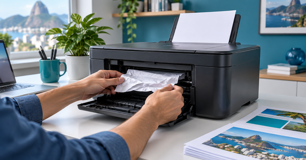 Pessoa retirando cuidadosamente papel atolado de uma impressora