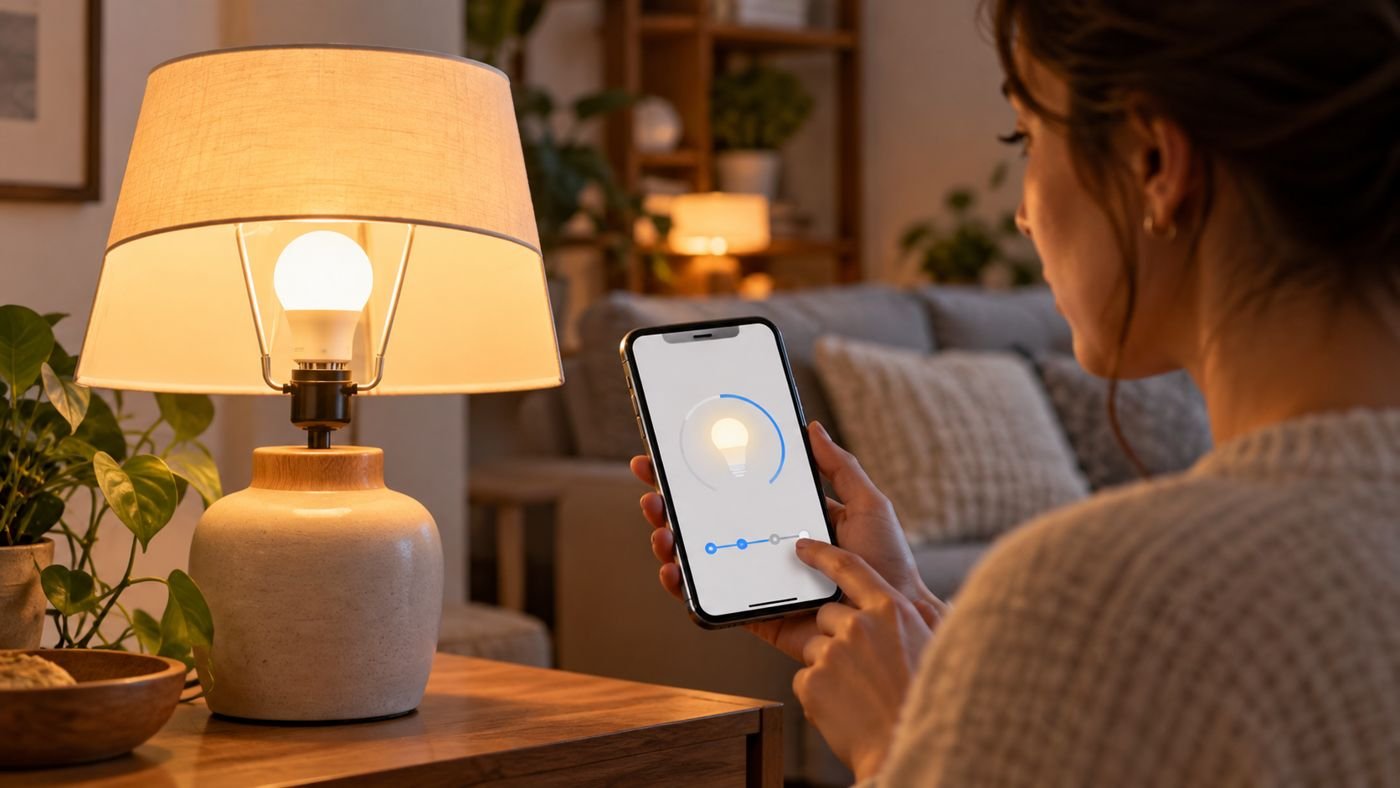 Lâmpada inteligente acesa e celular aberto em uma tela abstrata de configuração.