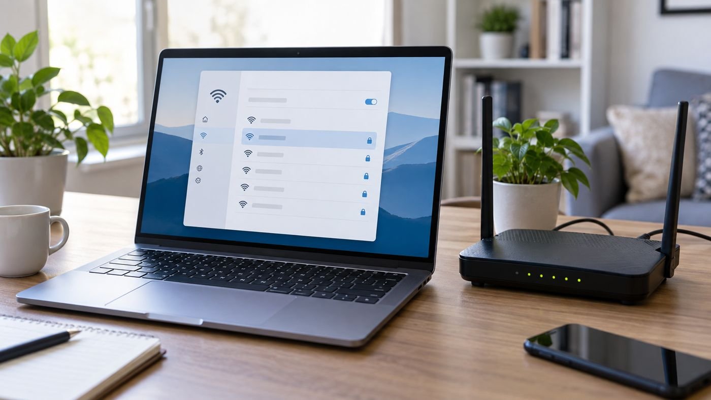 Notebook e roteador Wi-Fi em uma mesa, ilustrando a busca por uma rede sem fio.