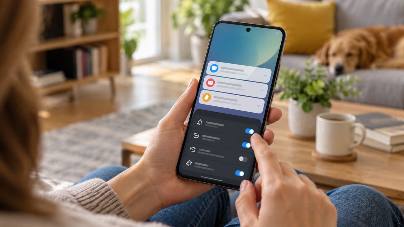 Pessoa conferindo notificações e configurações de um smartphone Android.