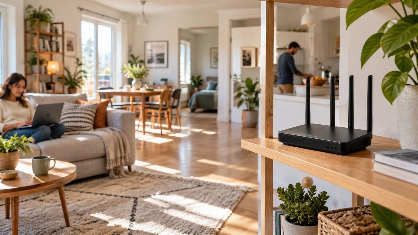 Roteador Wi-Fi colocado em local aberto e central em uma casa iluminada.