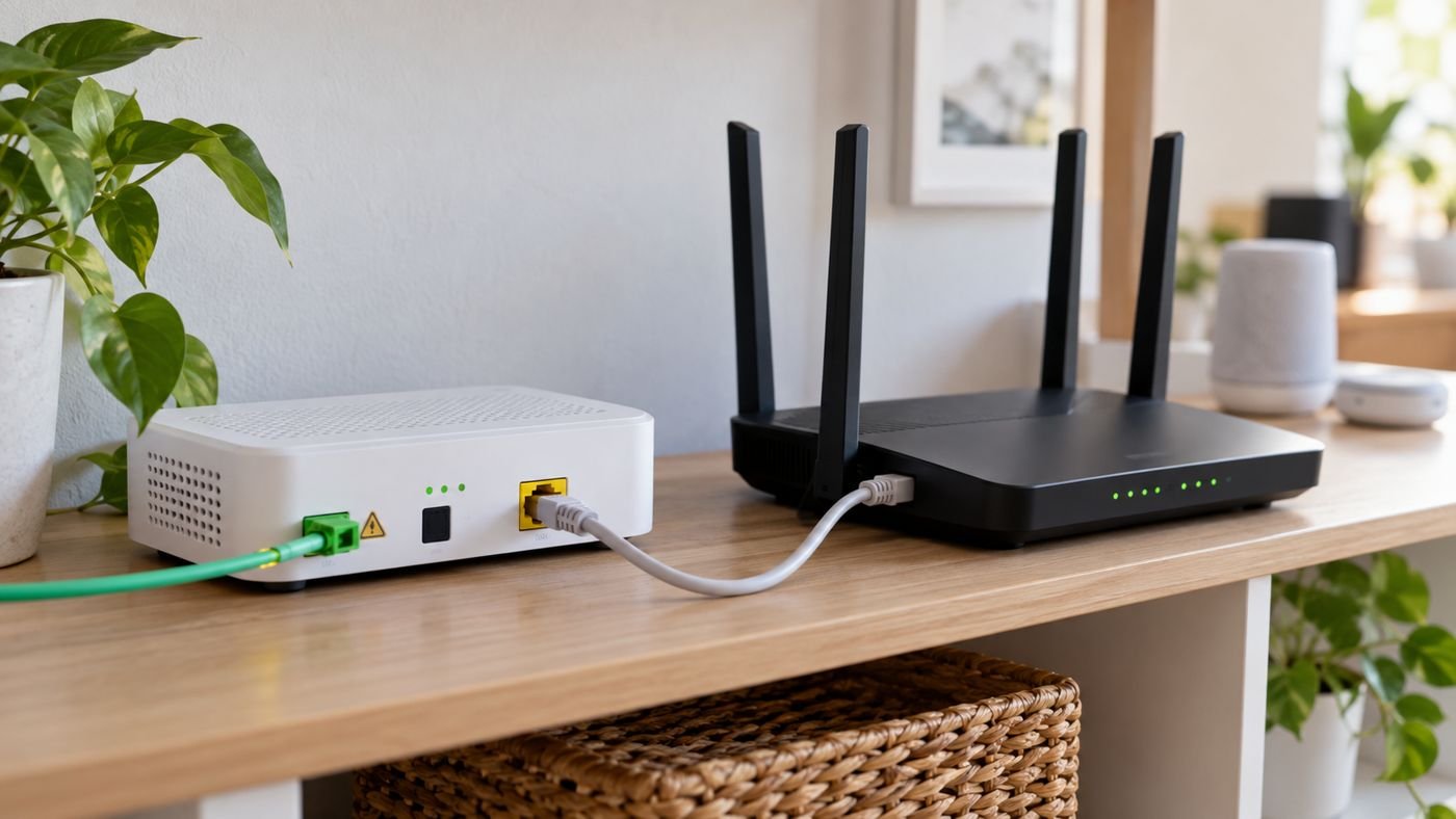 Terminal de fibra óptica e roteador Wi-Fi doméstico conectados por cabo de rede.
