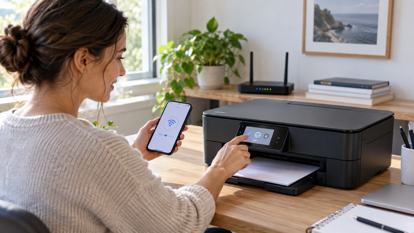 Pessoa configurando uma impressora sem fio perto do roteador Wi-Fi em um escritório doméstico.