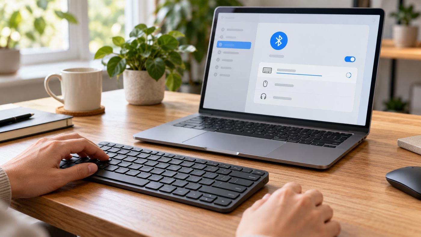 Teclado sem fio ao lado de um notebook Windows durante o pareamento Bluetooth.