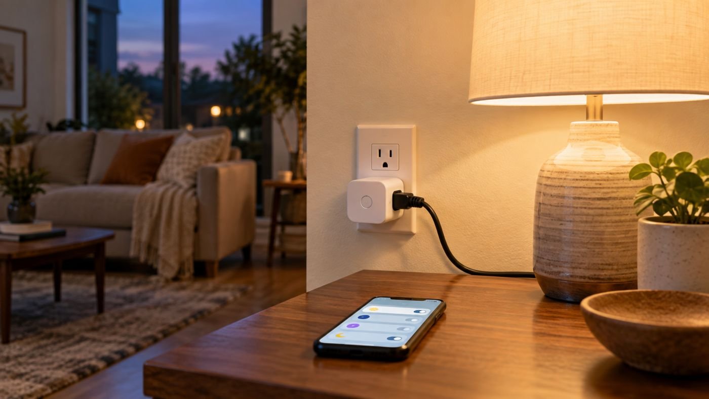 Tomada inteligente conectada a uma luminária com smartphone ao lado mostrando uma programação de horários.