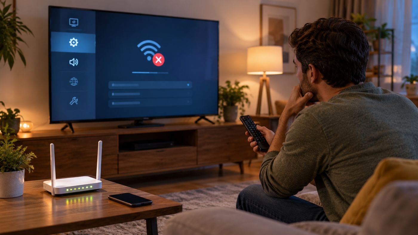 Pessoa verificando a conexão de rede de uma televisão inteligente em uma sala.