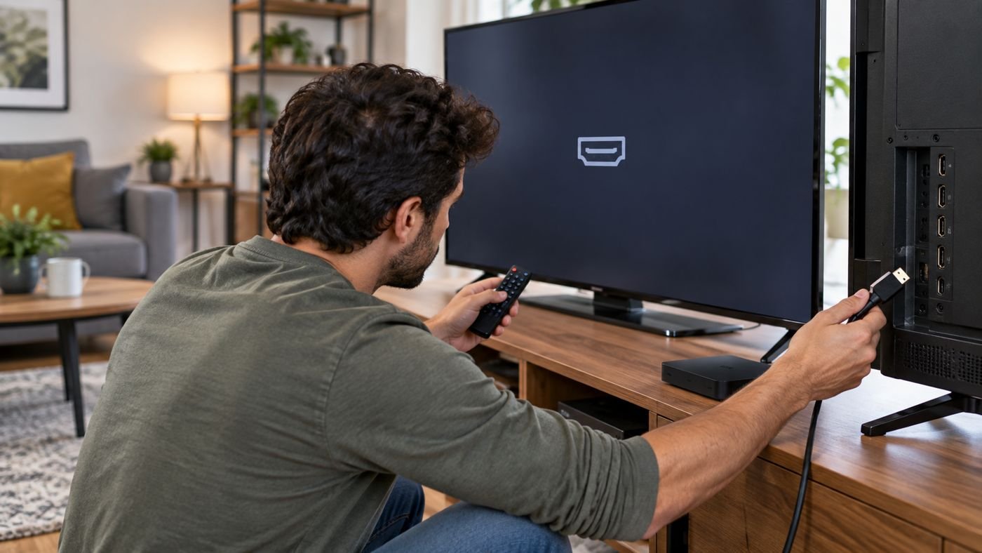Cabo HDMI conectado entre uma televisão e um aparelho de mídia em uma sala.