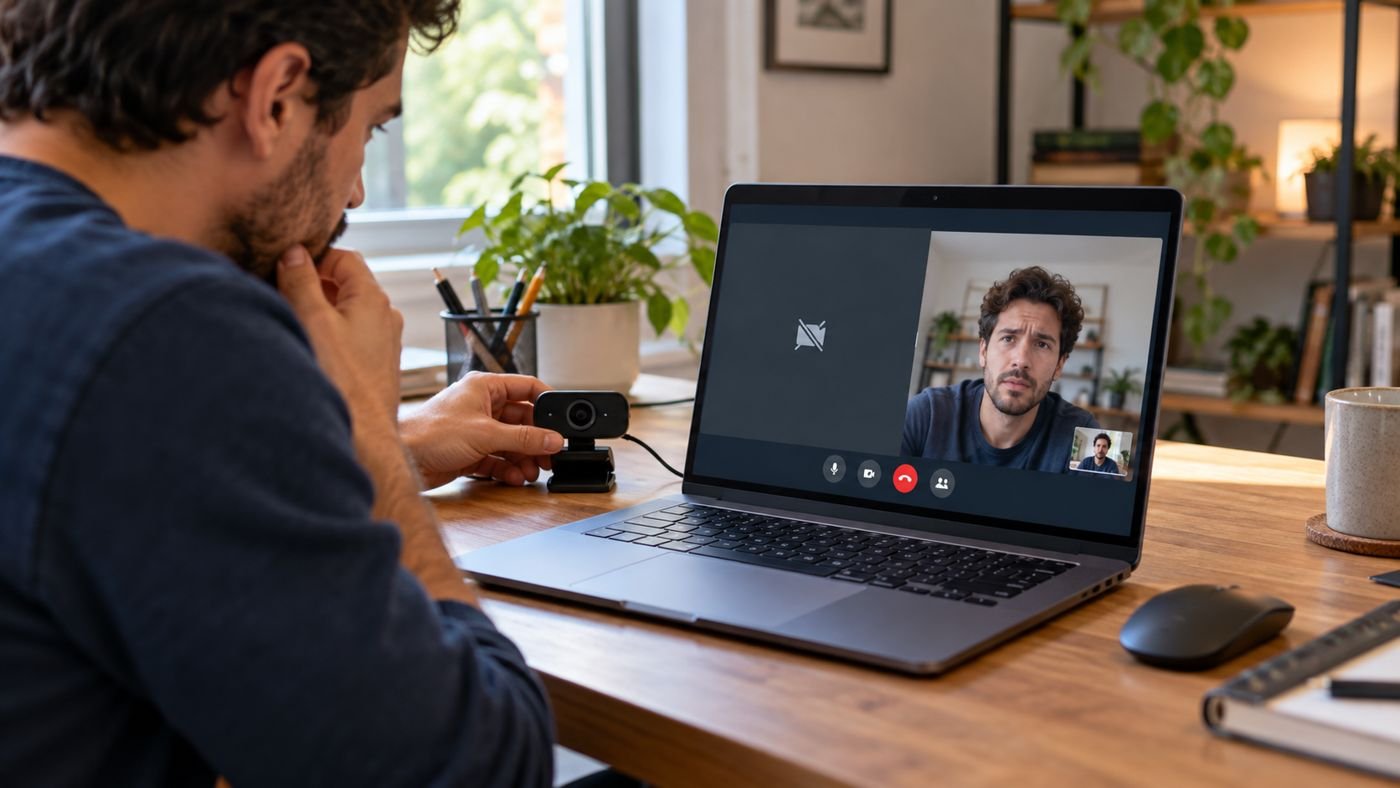 Laptop e webcam externa em uma mesa durante a verificação de uma chamada de vídeo.