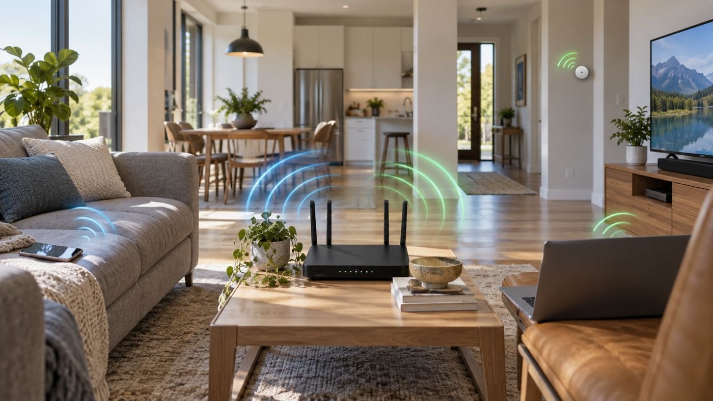 Roteador Wi-Fi em uma casa conectada, com laptop, celular e sensor inteligente ao redor.
