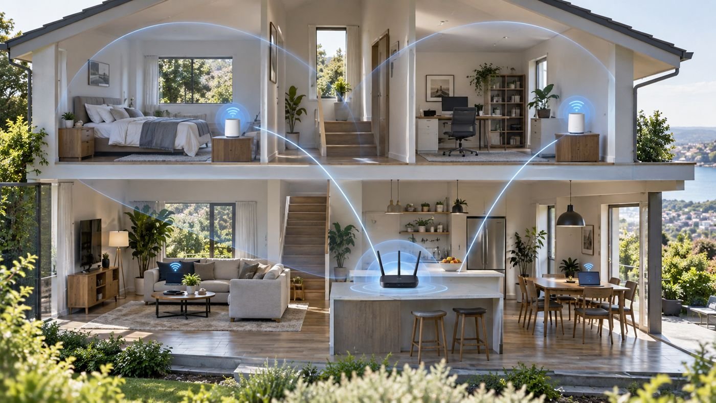 Roteador e pontos Wi-Fi mesh distribuídos por diferentes cômodos de uma casa.