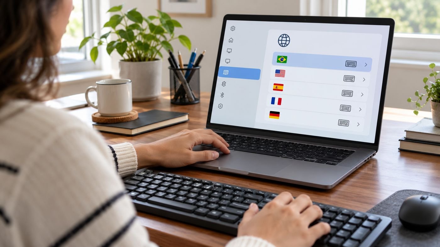 Teclado físico e laptop com configurações de idioma abertas.